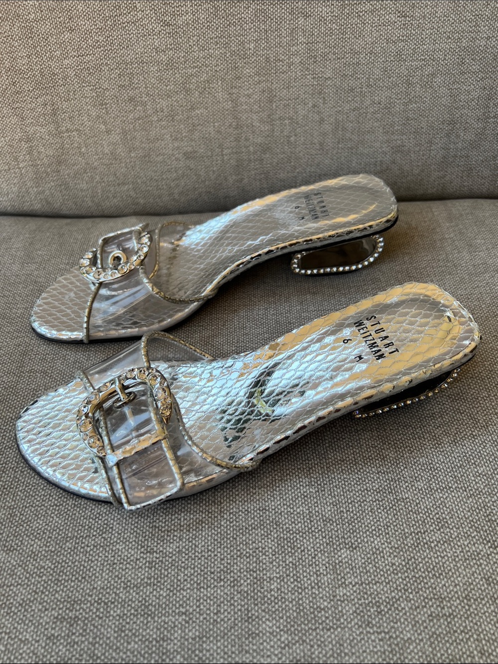 Stuart Weitzman Metallic Silver Crystal-Buckle Slide Mules
